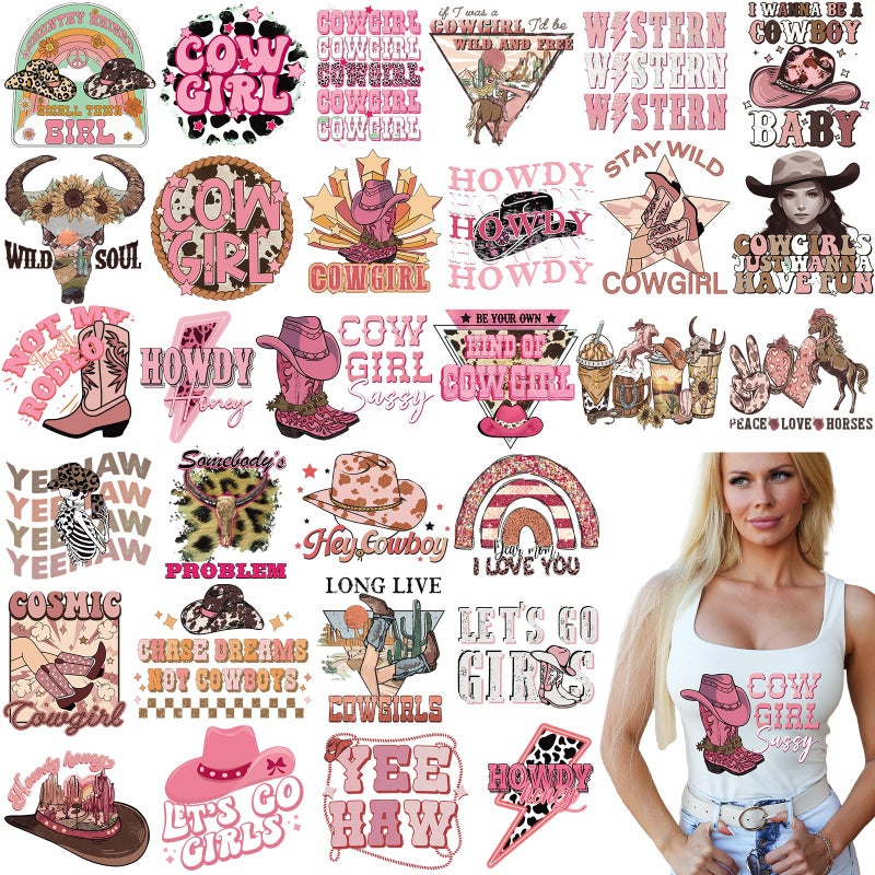 Yuntau 30 Pcs Western Iron On Transfer Patches Iron On Vinyl Decals for Jeans Western DTF Heat Transfer Vinyl Stickers DIY Appliques for Clothing T Shirt Pillow Hat(Cowgirl) - Image 1